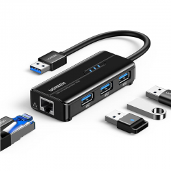 UGREEN USB 3.0 Hub Ethernet Adapter 10 100 1000 Gigabit Network Converter with USB 3.0 Hub 3 Ports Compatible for Nintendo Switch Windows Surface Pro MacBook Air Retina iMac Pro Chromebook PC,Black (20265)
